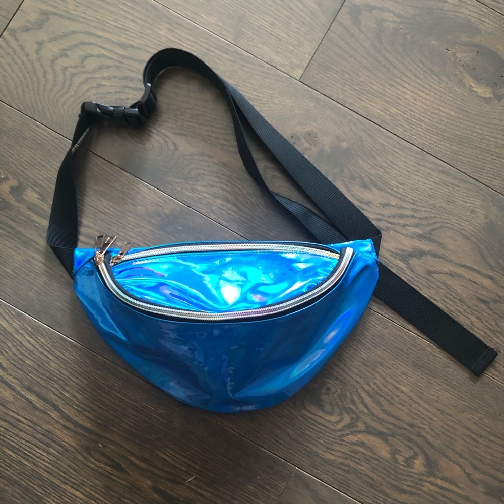 Blue holographic/iridescent waist bag.